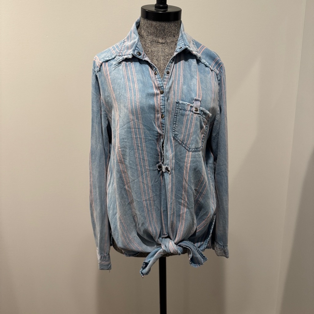 Tie front, button up, distressed denim shirt